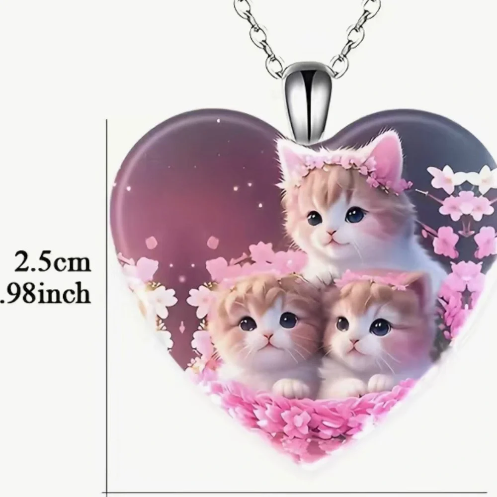 50% OFF Three Little Kittens Romping in Flowers Heart Shaped Pendant Necklace